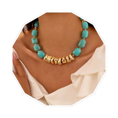 VIBILIA Boho Beaded Chunky Statement Necklace for Women Y2K Summer Jewelry | Boho Handmade Large Resin Bead Strand, Trendy Statement Summer Vacation Holiday Jewelry - color: Oval-Turquoise