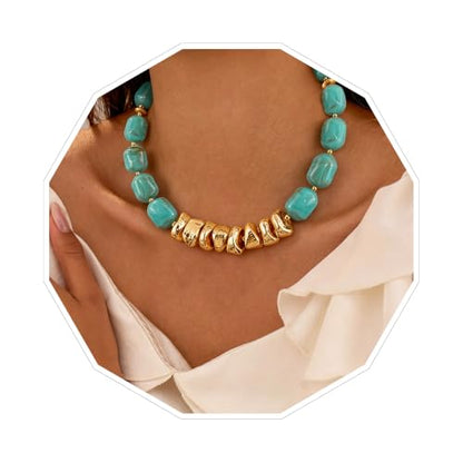 VIBILIA Boho Beaded Chunky Statement Necklace for Women Y2K Summer Jewelry | Boho Handmade Large Resin Bead Strand, Trendy Statement Summer Vacation Holiday Jewelry - color: Oval-Turquoise