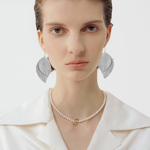 Genuine Leather Handmade Fringe Feather Lightweight Dangle Drop Earrings Teardrop Tassel Hook Earrings for Women - style: 3 Off White