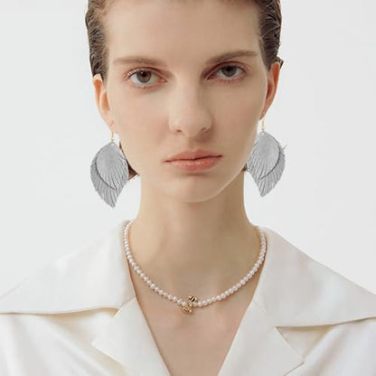 Genuine Leather Handmade Fringe Feather Lightweight Dangle Drop Earrings Teardrop Tassel Hook Earrings for Women - style: 3 Off White
