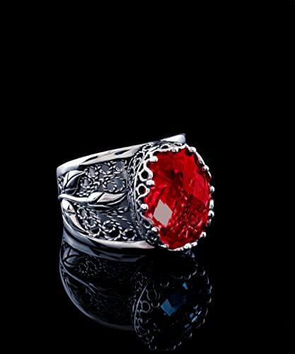 Filigranist 925 Sterling Silver Filigree Art Lace Embroidery Tulip Detailed Gemstone Women Cocktail Ring, Luxurious Gift Boxed - color: Hydro Ruby