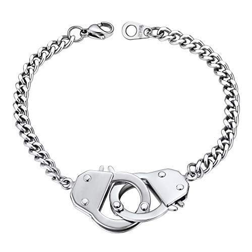 PROSTEEL Trendy Handcuffs Design/Customize Words Ankle Bracelet For Women, 316L Stainless Steel Anklets Silver/Gold/Black Tone, Hypoallergenic, Come with Box - style: B Silver-Bracelet(7.5")