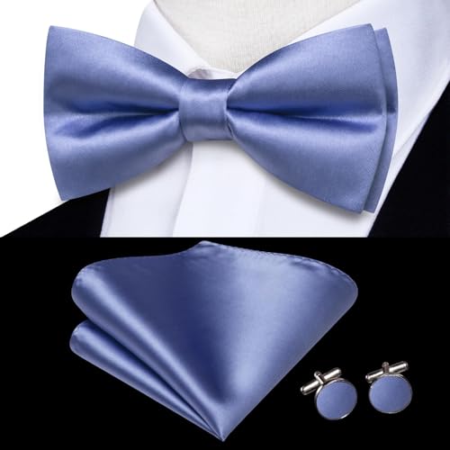Hi-Tie 5Pcs Mens Solid Color Silk Tie Satin Pretied Bowtie Lapel Pin for Men Handkerchief Cufflink Wedding Gift Box - color: Dusty Blue