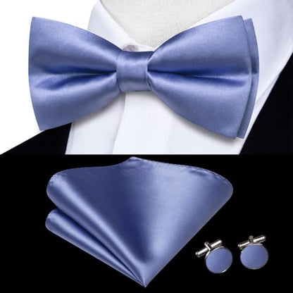 Hi-Tie 5Pcs Mens Solid Color Silk Tie Satin Pretied Bowtie Lapel Pin for Men Handkerchief Cufflink Wedding Gift Box - color: Dusty Blue