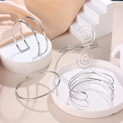 FIRAZIO 4PCS Arm Cuff Jewelry for Women | Upper Arm Cuff Bangle Band Armlet Adjustable Arm Cuff Bracelet Set - style: 4C-Silver