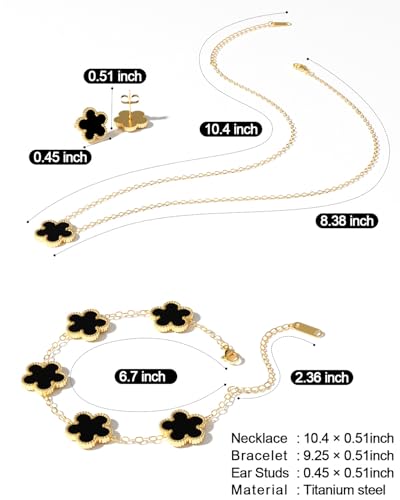 AICase Clover Jewelry Set,18K Gold Plated Lucky Clover Bracelet,Four Leaf Clover Necklace and Clover Earrings Fashion Jewelry Sets Gifts for Women/Mon - color: Black