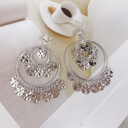 Clip On Boho Disc Tassel Long Dangle Drop Earrings for Women Non Pierced Ear Fake Stud Fashion Round Coin Hollow Circle Moon Shaped Big Dangling Hypoallergenic Jewelry Christmas Gift - color: silver