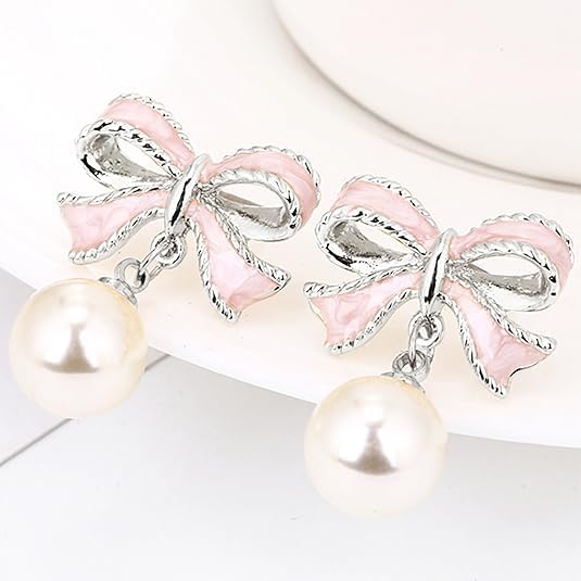 Gold Bow Earrings for Women, Long Tassel Chain Drop Earrings, Trendy Small Bow Earrings, Ribbon Waterfall Dangling Earrings, Pearl Bow Earrings, Sparkly Elegant Bowknot Preppy Jewelry Gifts for Women - color: Pink Bow-K2