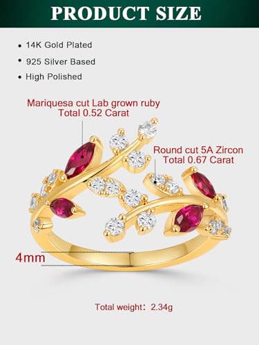 Silver Leaf Ring for Women 925 Sterling Silver Yellow Gold Plated CZ Inlaid Marquise Sapphire/Ruby/Emerald Cocktail Rings Size 6 to 10 - color: Ruby - Gold