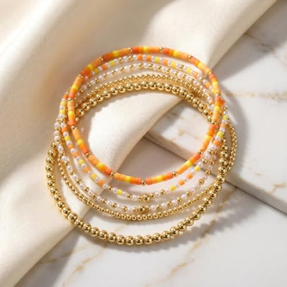 14K Gold Plated Beaded Bracelets Stack Set for Women,Stretch Boho Ball Jewelry Friendship Trendy - color: Orange