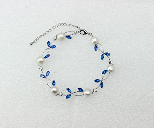 Faship Genuine Freshwater Pearls Floral Necklace Earrings Set | Premium CZ Crystal, Gorgeous, Sparkling - color: Blue / Matching Bracelet