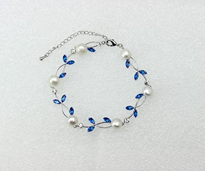 Faship Genuine Freshwater Pearls Floral Necklace Earrings Set | Premium CZ Crystal, Gorgeous, Sparkling - color: Blue / Matching Bracelet