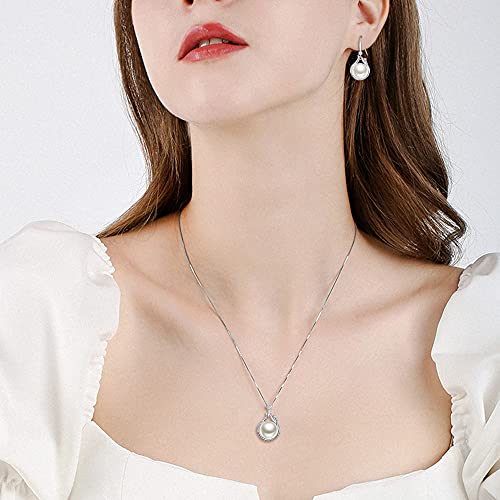 EleQueen 925 Sterling Silver CZ Freshwater Cultured Pearls Bridal Pendant Necklace Earrings Wedding Jewelry Sets, Valentine's Day/Mother's Day/Christmas Gift - style: Pearl Necklace Drop Earrings