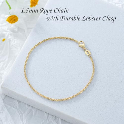 14K Yellow Gold 6-13 Inch 1.2mm-3.2mm Chain Bracelet Anklet for Women, Cuban Link Curb/Rope/Paper Clip/Round Snake/Herringbone/Bead/Water Wave, Thin Gold Chain Bracelet Durable Strong Real 14k Gold Chain Bracelet Anklet - color: 1.5mm Rope Chain, size: 7.