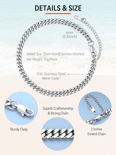 FaithHeart Waterproof Ankle Bracelets for Women, 1/2/3Pcs Non Tarnish Stainless Steel Layered Anklet Set Paperclip Figaro Cuban Link Chain Dainty Summer Beach Jewelry Gift Adjustable Size - style: h.Miami Cuban - Silver