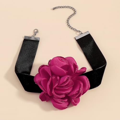 Rose Black Velvet Floral Choker Necklace - Camellia Daisy Rosette - Spring Summer Flower Jewelry - color: Hot Pink