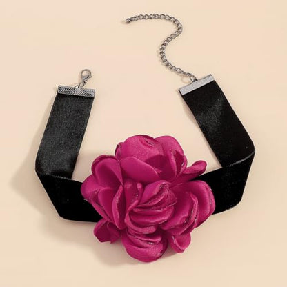 Rose Black Velvet Floral Choker Necklace - Camellia Daisy Rosette - Spring Summer Flower Jewelry - color: Hot Pink