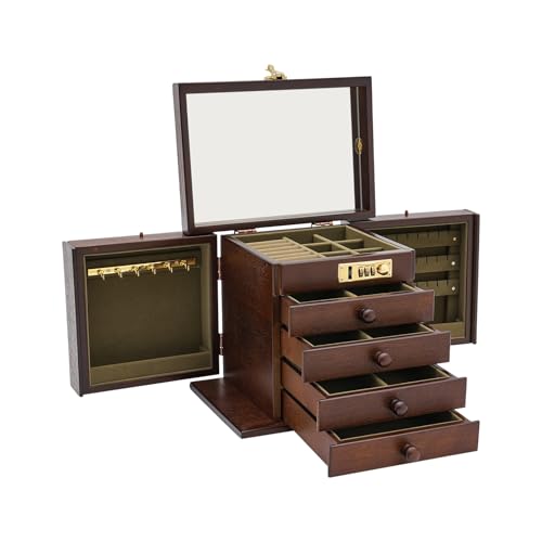 Large Wooden Jewelry Box with Combination Lock & Mirror, 5-Layer Retro Carvings Jewelry Organizer Storage Box, 4 Drawers, Soft Velvet Lining for Rings Earrings Necklaces Storage,Women Girls Gift - color: Brown C, size: 5-Layer