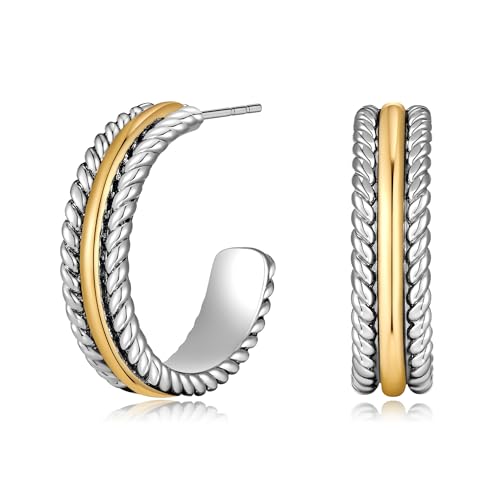 Gold Plated Chunky Hoop Earrings for Women - Stylish Statement Twisted Rope C Shaped Hoop Earrings Fashion Jewelry Gift - color: mix metal