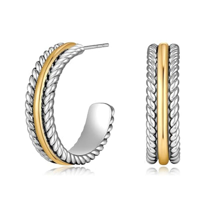 Gold Plated Chunky Hoop Earrings for Women - Stylish Statement Twisted Rope C Shaped Hoop Earrings Fashion Jewelry Gift - color: mix metal