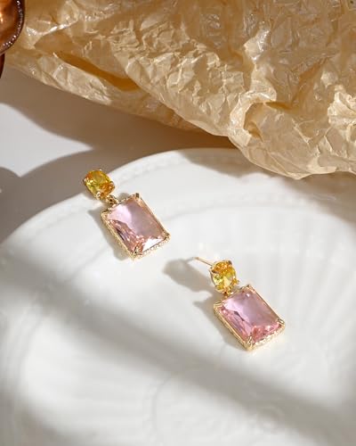 14K Gold Plated Pink Crystal Stud Square Stone Drop Dangle Geometric Earrings for Women Vacation Jewelry - color: Pink and Yellow