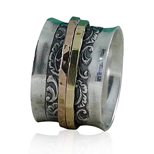 Vintage Design Mixed metal Ring Two Tone Solid 9k Yellow & Rose Gold And 925 Sterling Silver Spinner Ring Hammered Silver Ring Made in Israel