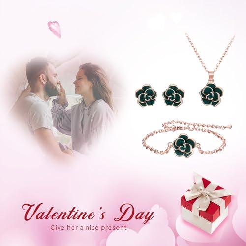 EleQueen Rose Flower Necklace Earrings Bracelet Set for Women - color: 05_Green Necklace+Earrings+Bracelet