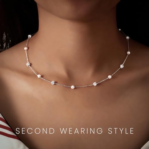925 Sterling Silver Lariat Necklace for Women | Long 14K Gold Plated Y-Shaped Pearl Necklace CZ Crystal Ball Sparkle Necklace for Mother Daughter Bride Wedding Jewelry - color: Style 4-Silver