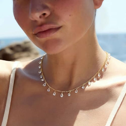 MTMY Gold Choker Necklace for Women, 14K Gold Plated Dainty Cubic Zirconia Cross Heart Shell Teardrop Charm Station Necklaces Trendy Summer Jewelry Gift - style: Drop