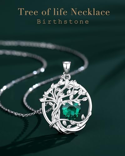 FANCIME Tree of life Birthstone necklace Sterling Silver Pendant Birthstone Necklace Gemstone Anniversary Birthday Jewelry Mothers Day Gifts for Mom Her Wife - color: May-Emerald