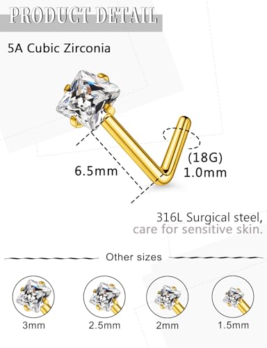 18G 20G 14K Gold Filled Nose Rings Studs Piercing Jewelry For Women Men 316L Surgical Steel Round Square Cubic Zirconia Nose Rings Studs Nostrial Piercing Jewelry CZ 1.5mm 2mm 2.5mm 3mm - color: 14K Gold Plated, size: 18 Gauge-L Shaped-Square CZ