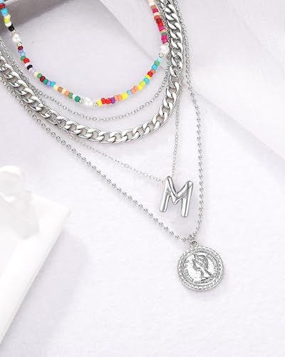 MJartoria Layered Necklaces for Women Trendy Balloon Initial Pendant Necklace Dainty Chunky Chain Beaded Choker Necklaces Jewelry Birthday Gifts - color: Silver, style: M