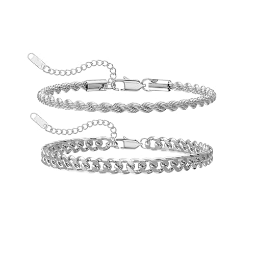 Silver Bracelet Set for Men, Figaro and Cable Link Chain | Stainless steel Figaro and cable link bracelets for stacking, daily wear, and gifts - color: Style2-7 inch