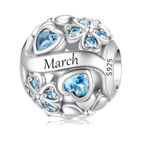 925 Sterling Silver Lucky Clover Birthstone Charms for Bracelets Dangle Pendant with 5A Cubic Zirconia Compatible Pandora Bracelets, Ladies Birthday Gift - style: 3-March