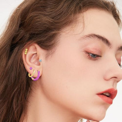 12 Pairs Stud & Hoop Earrings Set for Women 2-5mm Colorful Ball & Cubic Zirconia Stud earrings 8/10/12mm Hoop Earrings Hypoallergenic Stainless Steel Jewelry Gift Collection - color: purple