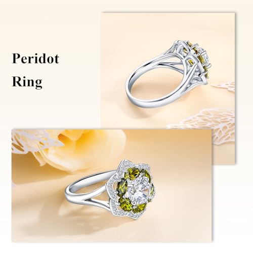 Flower Cocktail Ring for Women Stone Engagement Anniversary Rings | Sterling Silve|Hypoallergenic|Ruby|Sapphire|Emerald|Wedding and Birthday Party Women Statement Ring|Mother and Grandma Gift - color: Peridot (Aug.)