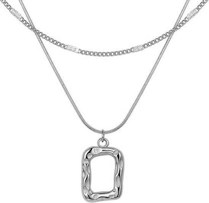 Evabelle Gold Layered Necklace for Women Trendy Jewelry 14K Real Gold Plated Chunky Chain Stackable Necklaces Dainty Choker Necklaces Rectangle Square Pendant - color: Silver Necklace 01