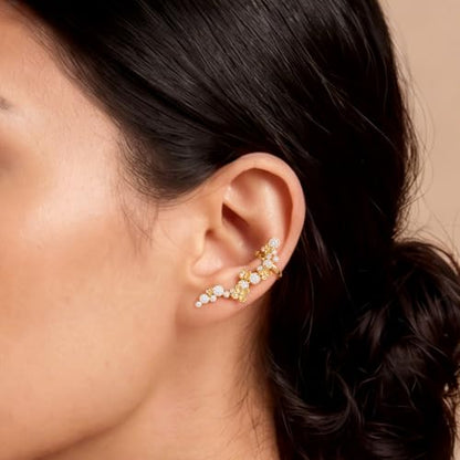 Ear Climber Earrings for Women, 14K Gold Plated/Silver Plated | Crawler Earrings Pierced with Cubic Zirconia, Hypoallergenic Cluster Stud Tragus Conch Daith Cartilage Jewelry Gift for Daily - color: Gold-8