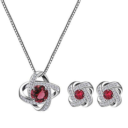 AMYJANE Bridal Jewelry Set for Women - Crystal Cubic Zirconia Love Knot Necklace Stud Earrings Elegant CZ Jewelry Set for Wedding Bride Bridesmaids Gift Set - color: Ruby(14k White Gold Plated)