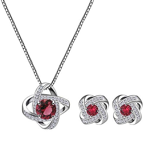 AMYJANE Bridal Jewelry Set for Women - Crystal Cubic Zirconia Love Knot Necklace Stud Earrings Elegant CZ Jewelry Set for Wedding Bride Bridesmaids Gift Set - color: Ruby(14k White Gold Plated)