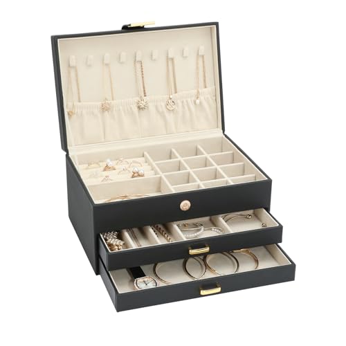 Jewelry Boxes for Women, Jewelry Holder Organizer for Christmas Gift, Jewelry Boxes & Organizers for Rings Earring Necklace Bracelet Watch, Black - color: 3-Layer Black, size: 3-Layer