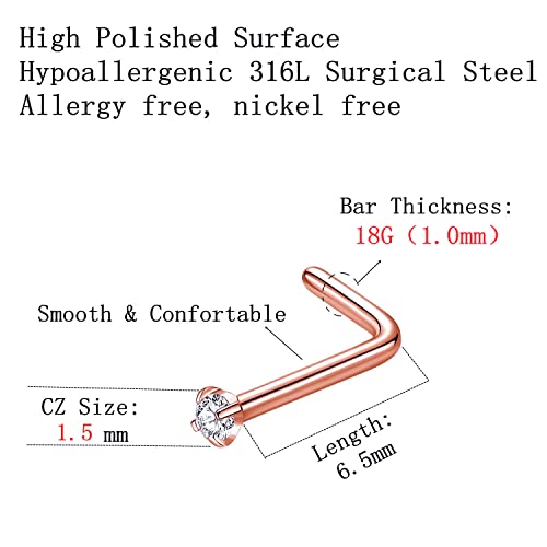 316L Surgical Steel 22g/20g/18g Nose Rings Studs L-Shape Nose Nostrial Piercing Body Jewerly L Shaped Nose Studs 1.5mm 2mm 2.5mm 3mm CZ Nose Screw Studs Rings for Women - style: 6pcs/L-shape/18g/1.5mm Clear CZ/Rose Gold