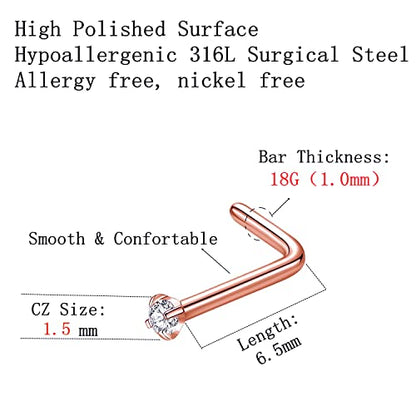 316L Surgical Steel 22g/20g/18g Nose Rings Studs L-Shape Nose Nostrial Piercing Body Jewerly L Shaped Nose Studs 1.5mm 2mm 2.5mm 3mm CZ Nose Screw Studs Rings for Women - style: 6pcs/L-shape/18g/1.5mm Clear CZ/Rose Gold