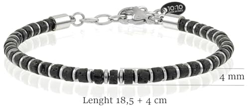 Beaded Bracelet for Men and Women – Natural Lava Gemstone Bracelet, Hematite and Stainless Steel – Adjustable, Durable and Elegant – Made in Italy - color: Black
