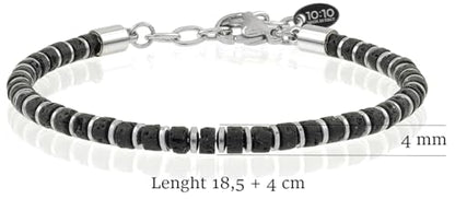 Beaded Bracelet for Men and Women – Natural Lava Gemstone Bracelet, Hematite and Stainless Steel – Adjustable, Durable and Elegant – Made in Italy - color: Black