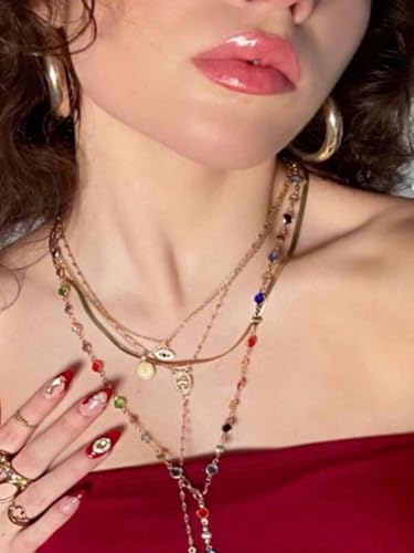 Colorful Crystal Long Necklace for Women Dainty Boho Y-Shaped Color Bead Necklaces Sparkly Rhinestone Pendant Layered Gold Long Chain Choker Good Luck Trend Jewelry Gift Jewelry - color: Gold