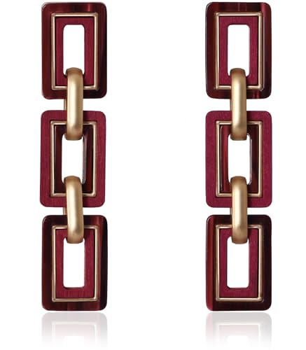 Ozel - Natural Wooden Acrylic Boho Drop Dangle Earrings for Women - Geometric Statement Jewellery - Brown, Black, Magent Red, Olive Green, White beige - color: 3Square_Magenta