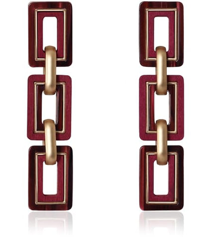 Ozel - Natural Wooden Acrylic Boho Drop Dangle Earrings for Women - Geometric Statement Jewellery - Brown, Black, Magent Red, Olive Green, White beige - color: 3Square_Magenta