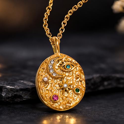 Evil Eye Necklace For Women - 18K Gold Plated Stainless Steel Celestial Moon North Star Eye CZ Gemstone Pendant - Waterproof - Anti-tarnish - Protection Jewelry Gift - style: Moon Star Eye