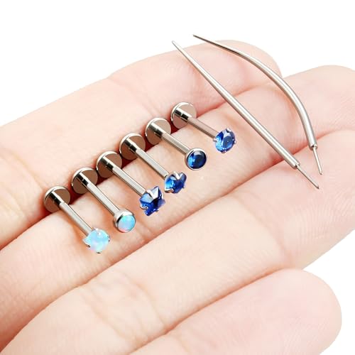 F136 Titanium 20/18/16g Internally Threaded Medusa Monroe Lip Ashley Labret Nose Rings Flat Back Tragus Helix Cartilage Conch Screw Stud Earrings Surgical Steel Piercing Jewelry for Women - color: Blue CZ, size: 16g*3/8in